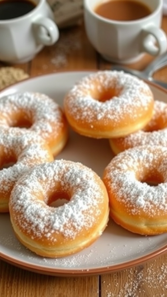 A plate of fluffy powdered sugar donuts on a wooden table with coffee.